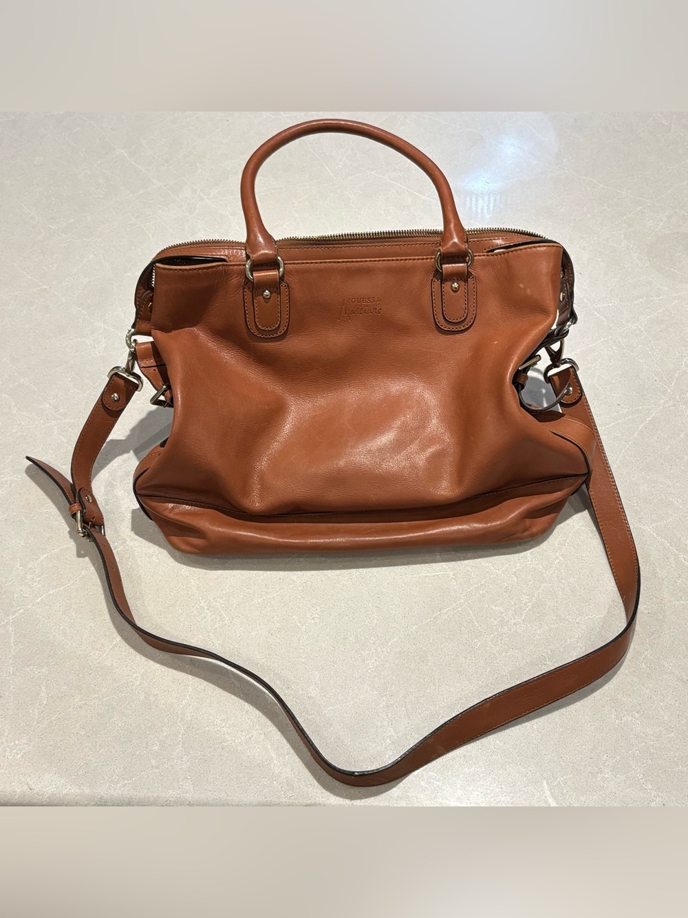 GUESS by Marciano Vintage Y2K Cognac Tan Genuine Leather Satchel Crossbody Bag